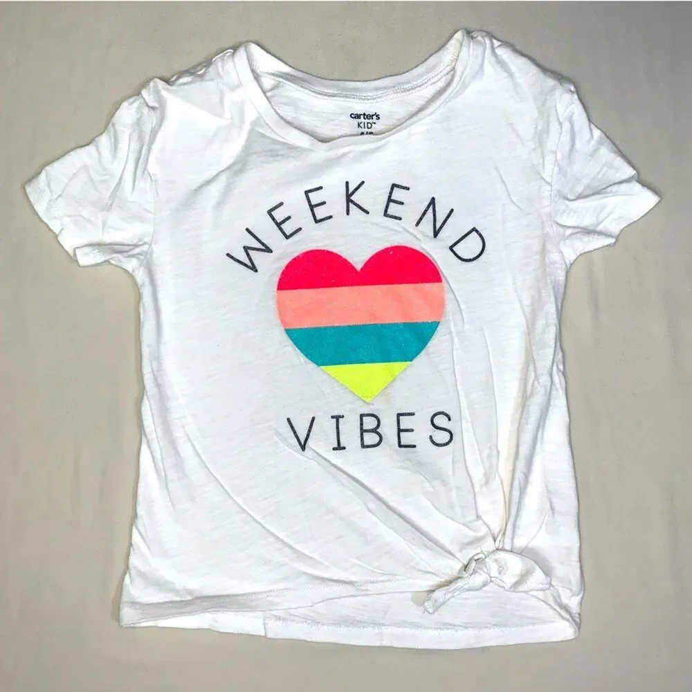 Carters Shirt Girls 4-5 Glitter Rainbow Heart Weekend Vibes Neon Tee Top Summer
